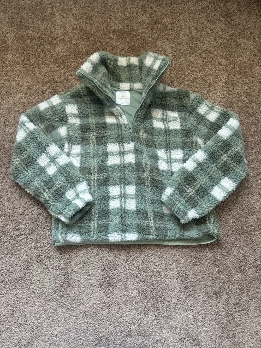 Lazy Sunday Green Gingham Plaid Set 1/4 Zip Up Mock Neck Sweater Shorts Pockets